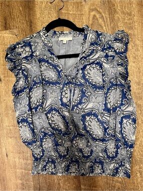 Blue Paisley Cap-Sleeve Blouse with Smocked Hem
